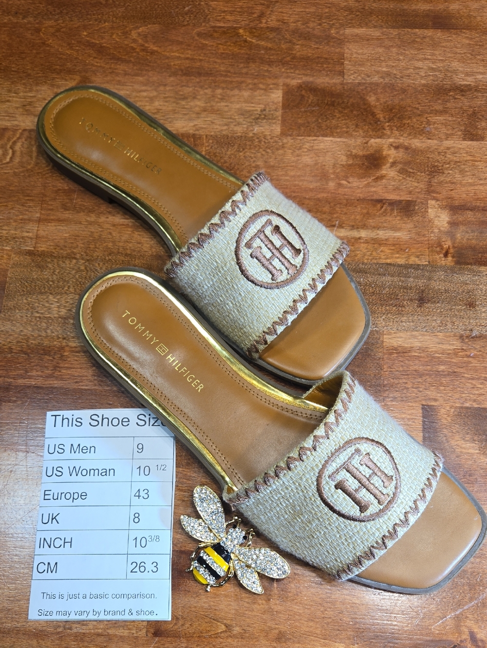 Tommy Hilfiger Beige Woven Slides with Gold Accents and Tan Footbed